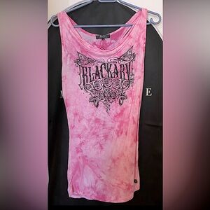 Black Karv-Black&Pink Graphic Fitted Sleeveless Scoop Neck Top, W/Illusion Back